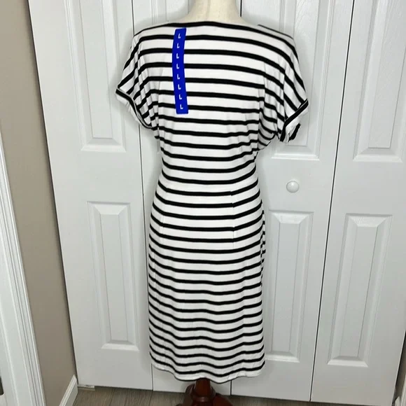 CHAPS BLACK & WHITE FAUX WRAP STRIPED DRESS, NWT - Picture 2 of 8
